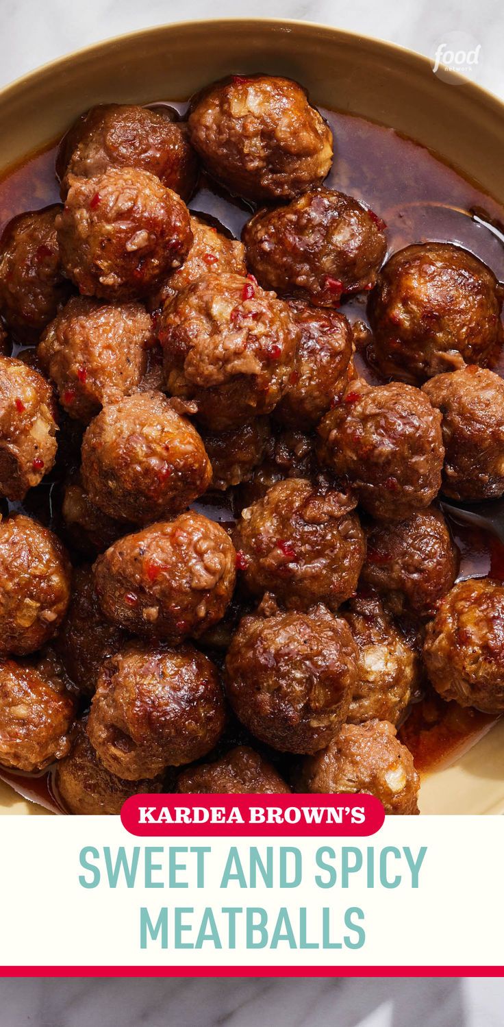 sweet and spicy meatballs with sauce in a bowl on a marble counter top, text overlay reads kalder brown's sweet and spicy meatballs