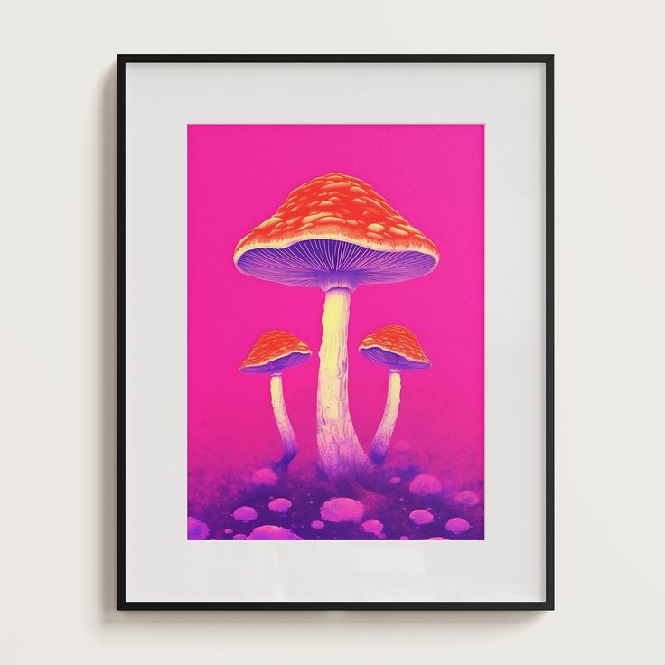 two mushrooms are in the middle of purple and pink watercolors, framed on a white wall