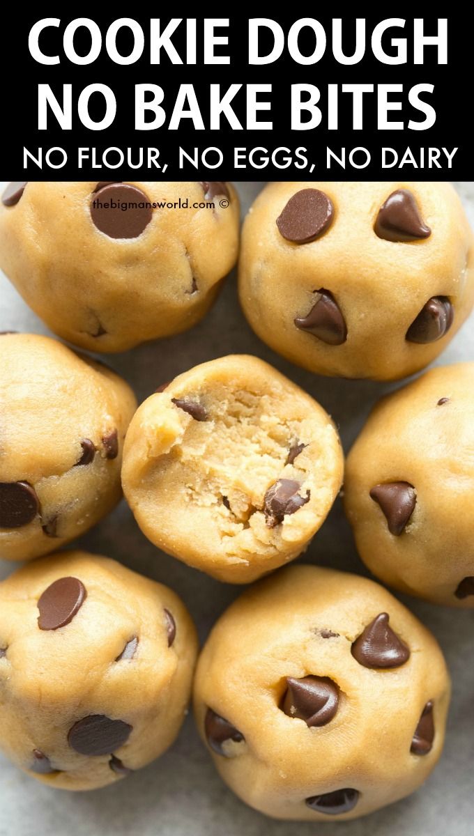 chocolate chip cookie dough no bake bites, no flour, no eggs, no dairy