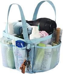 a blue mesh bag filled with personal care items