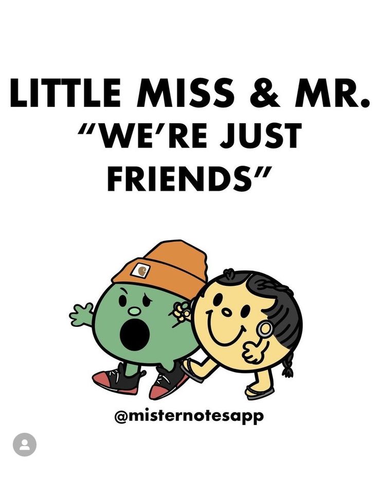 a couple of cartoon characters with the caption little miss and mr, we're just friends