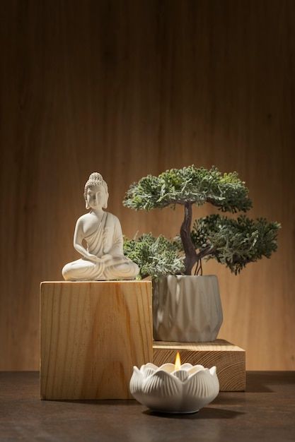 a buddha statue sitting next to a small bonsai tree in a vase on top of a wooden block