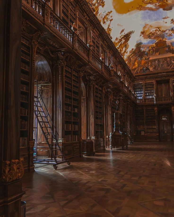 an empty library with many bookshelves and stairs