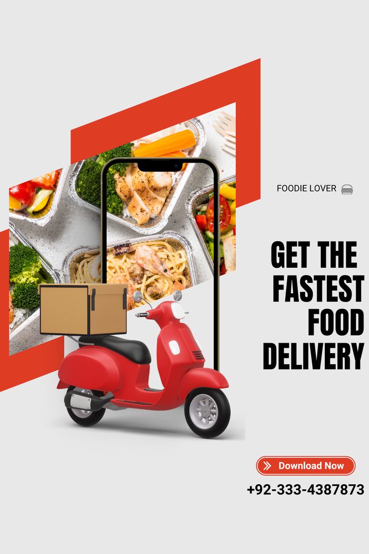 a red scooter with food on it and the words get the fastest food delivery