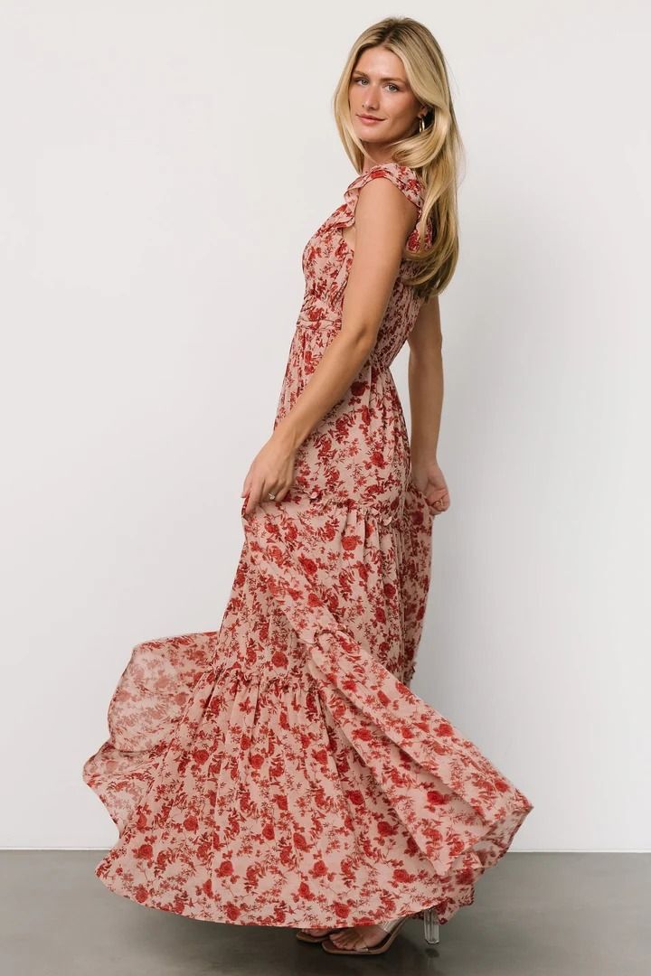 The Martina Maxi dress is a versatile semi-casual piece perfect for any occasion. Crafted in soft blush with deep red floral, its flowing chiffon material, wide V-neckline, and flutter sleeves offer both comfort and style, while the smocked back bodice and tiered skirt add flattering flair to this maxi-length beauty Red V-neck Chiffon Dress, Red Maxi Length Chiffon Dress, Red Flowy Chiffon Dress, Flowy Red Chiffon Dress, Red Chiffon V-neck Dress, Casual Red Chiffon Dress, Red Flowy V-neck Dress, Red Floral Maxi Chiffon Dress, Red Floral Print Maxi Chiffon Dress