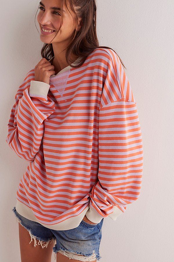 So cool and classic, this timeless crewneck is featured in an oversized, slouchy silhouette and staple striped print with contrasting hems for added dimension. **Fit:** Relaxed, oversized fit **Features:** Crew neckline, dropped shoulders, contrast hems **Why We | Classic Striped Oversized Crewneck by Free People in Pink, Size: M Free People Decor, Free People Style, Oversized Crewneck, Cute Everyday Outfits, Free People Sweater, Fall Fashion Outfits, So Cool, Print Pullover, Comfy Outfits