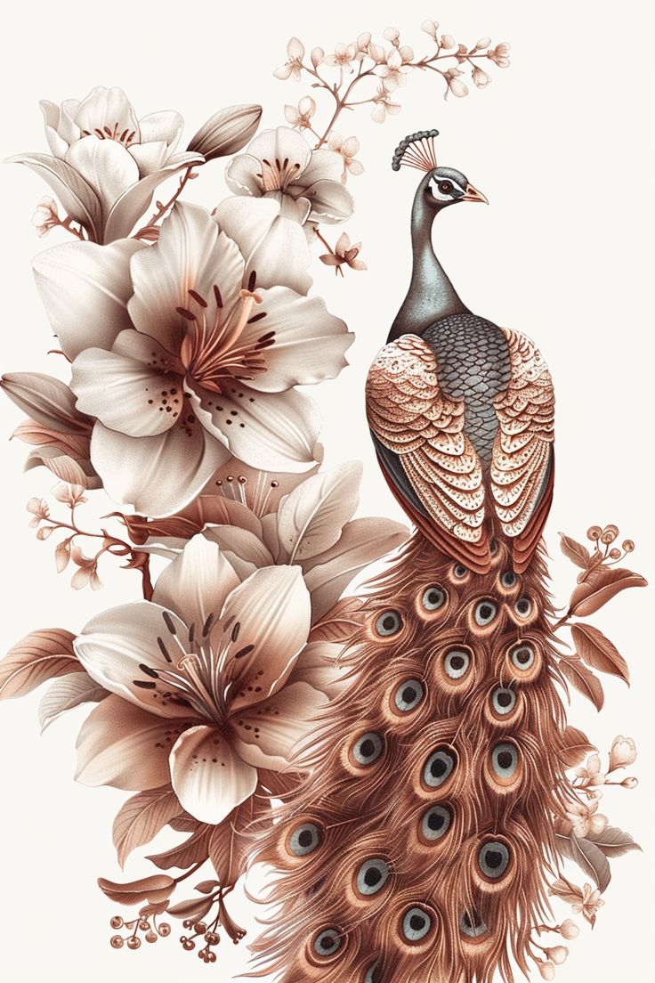 a peacock standing next to some flowers on a white background with brown and blue feathers