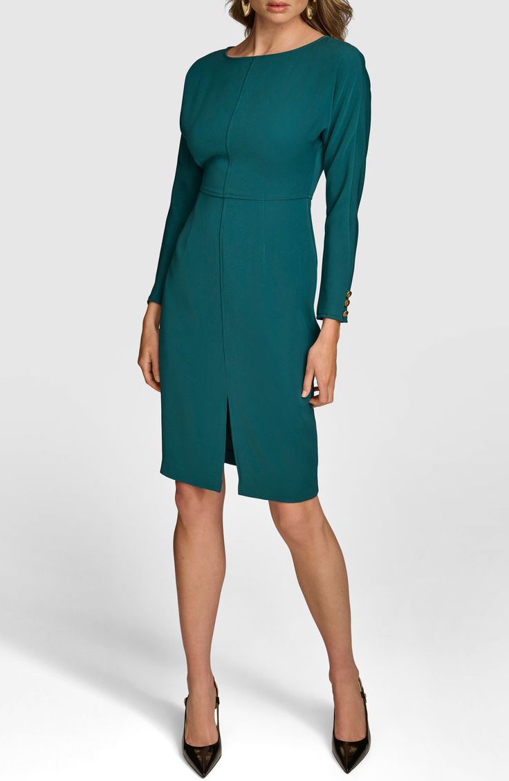 Gleaming goldtone buttons on the cuffs lend rich shine to this sophisticated sheath dress that's perfect for desk-to-dinner occasions. 40 1/2" length Hidden back-zip closure Boat neck Bracelet-length sleeves with three-button cuffs 100% polyester Unlined Dry clean Imported Elegant Bodycon Dress With Buttons For Work, Elegant Buttoned Bodycon Dress For Work, Elegant Gold Midi Dress For Formal Occasions, Elegant Gold Dress For Workwear, Formal Gold Fitted Midi Dress, Fitted Evening Dress With Gold Buttons, Gold Knee-length Midi Dress For Formal Occasions, Elegant Bodycon Dress With Button Closure For Work, Evening Dresses With Gold Buttons