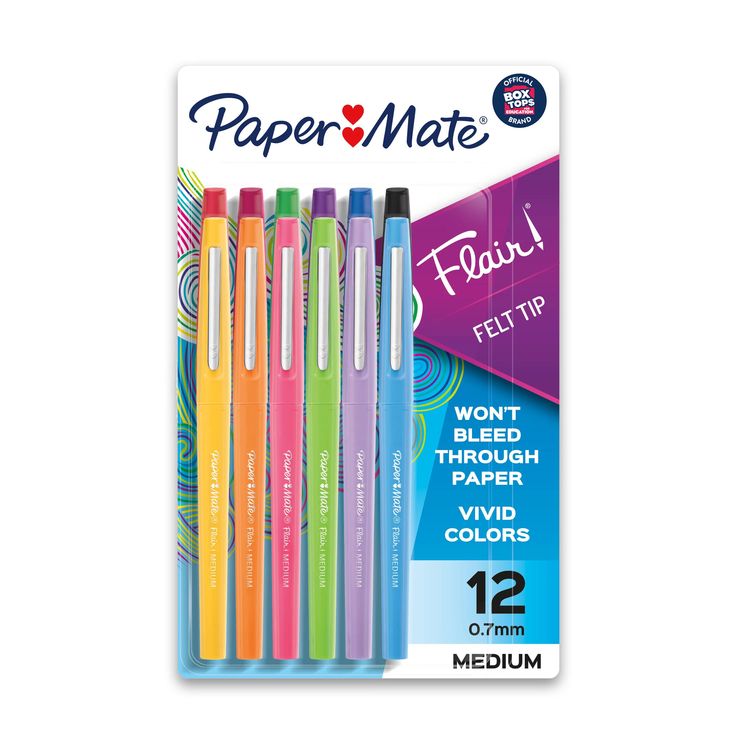 four different colored paper mate pens in a package on a white background with the words paper mate