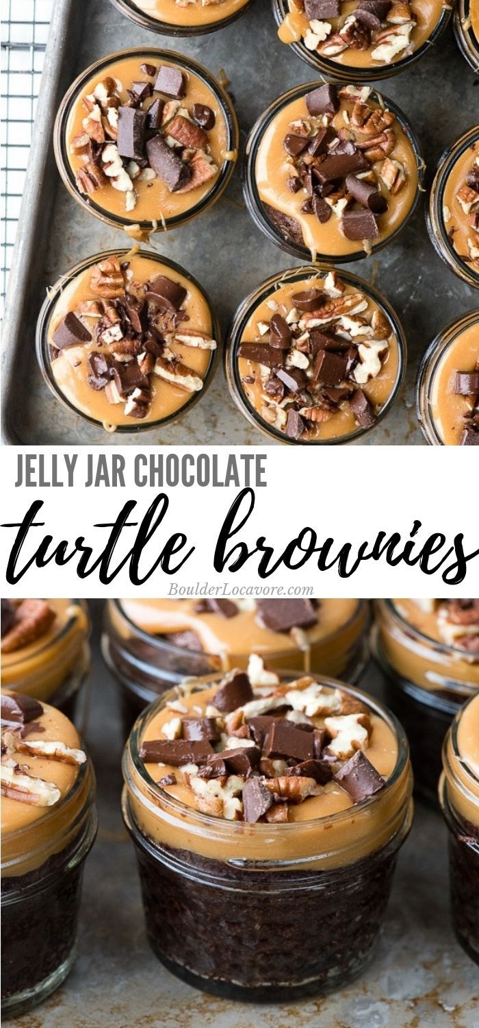 jelly jar chocolate turtle brownies in glass jars