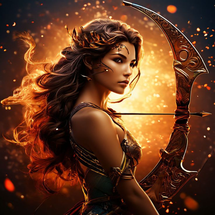 a woman holding a bow and arrow in front of an orange background with fire coming out of it