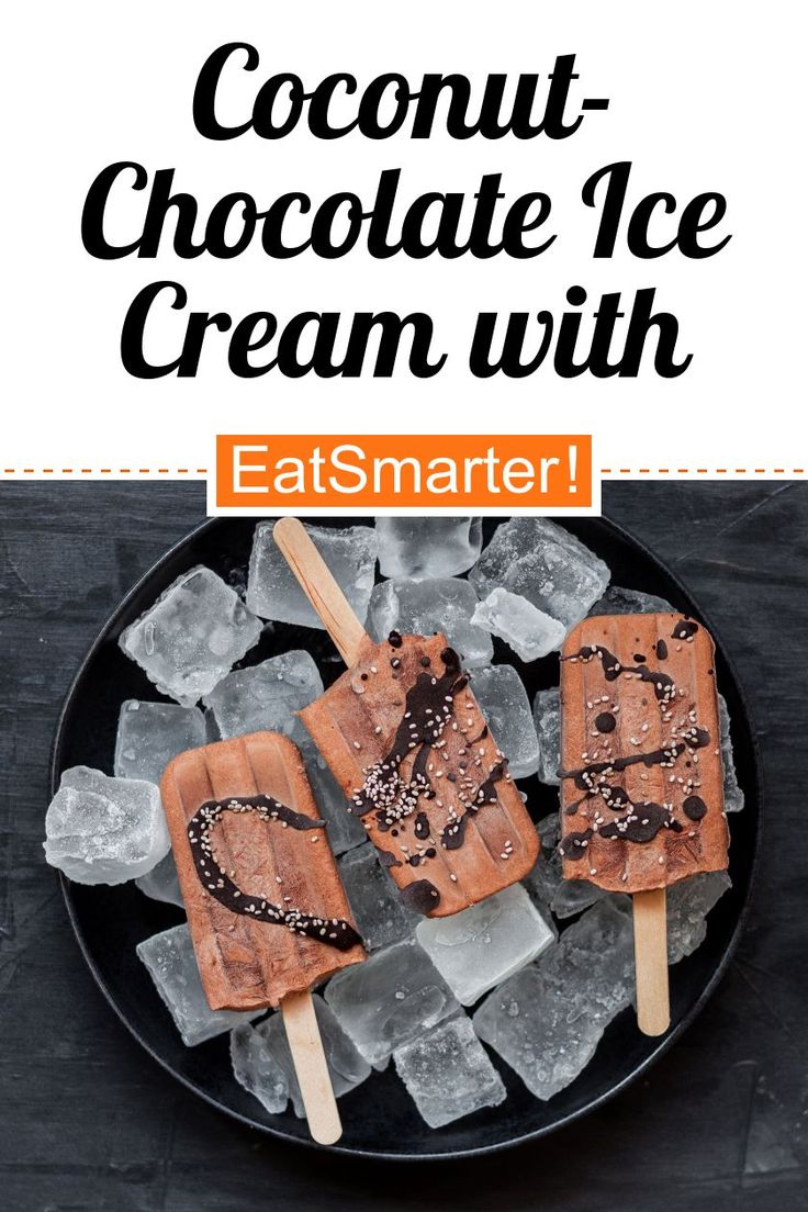 chocolate ice cream with caramel and sea salt on a black plate next to an orange text overlay reads, coconut - chocolate ice cream with eatsmarter