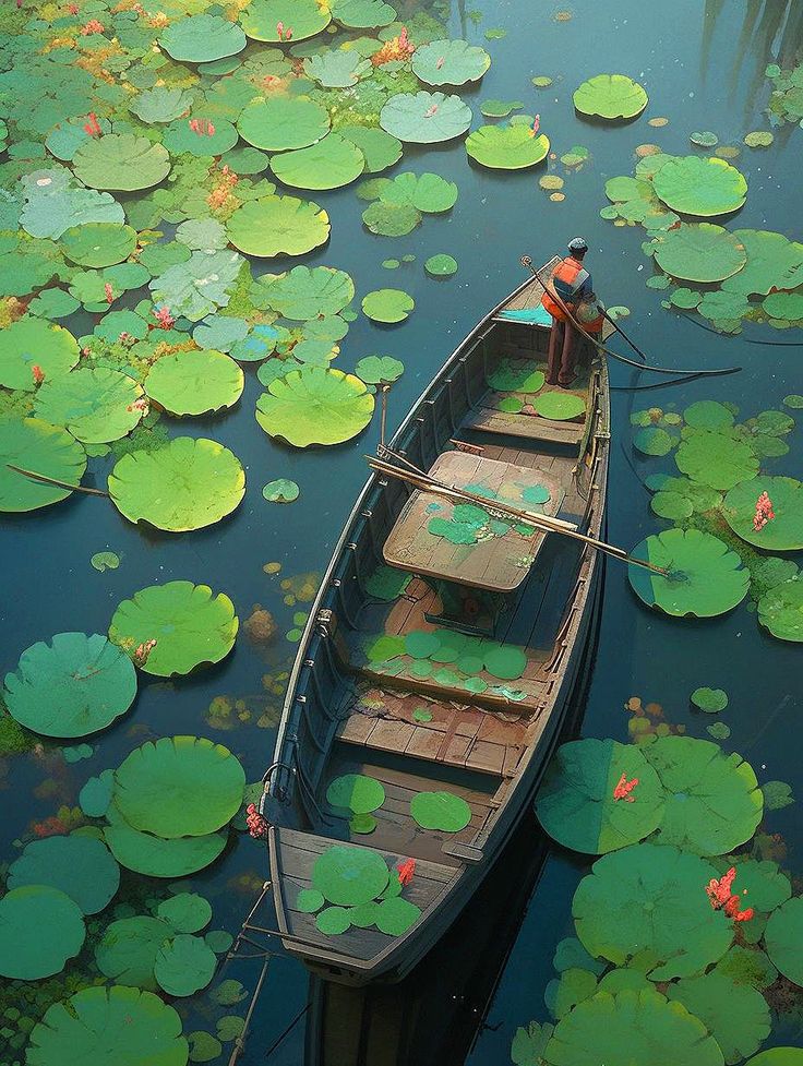 a small boat floating on top of a lake filled with lily pads