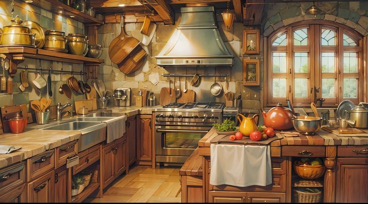 a painting of a kitchen with pots and pans on the stove top, sink, cabinets, and counter tops