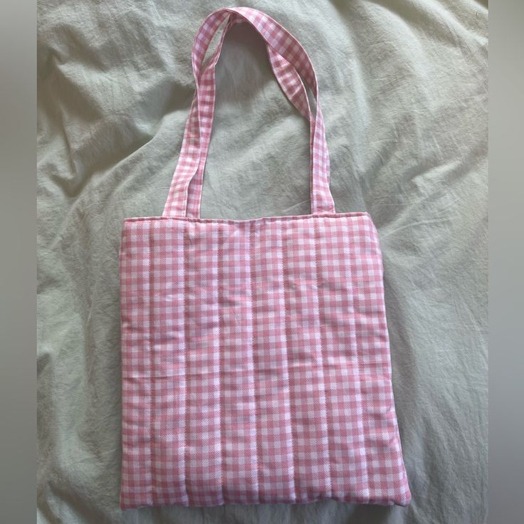 Pink Quilted Tote Bag! Dimensions Are 11”X11”! Gingham Tote Bag For Daily Use, Everyday Gingham Tote Bag, White Square Bag For Picnic, Gingham Tote Bag For School, White Bags For Spring Picnic, Daily Use Gingham Square Shoulder Bag, Daily Use Square Gingham Shoulder Bag, Casual Gingham Shoulder Bag For Picnic, White Square Picnic Bag