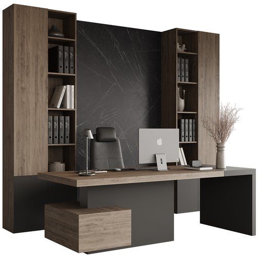 an office desk with bookshelves and a computer on it, in front of a black wall