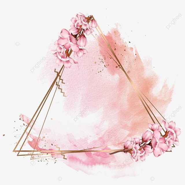 pink watercolor background with gold geometric frame and flowers on the corner, triangle, flower png and psd