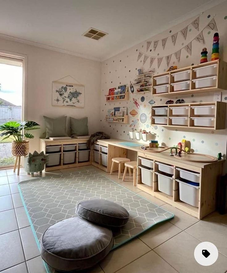 a child's playroom with toys and decor on the walls, flooring