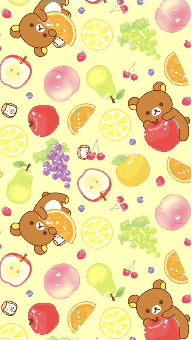 a yellow background with various fruits and bears on it