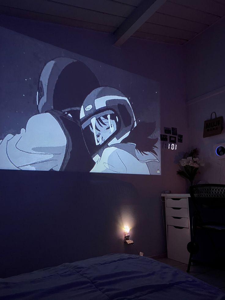 Aesthetic room projector anime kpop kpop room anime room pocket projector Aesthetic Room Projector, Projector Aesthetic Room, Projecter Room Idea, Projector In Bedroom Setup, Room With Projector, Projector Aesthetic, Tiktok Room Ideas, Projector Screen Living Room, Projector Screen Ideas