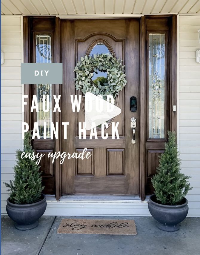 two potted plants sitting in front of a door with the words faux wood paint hack