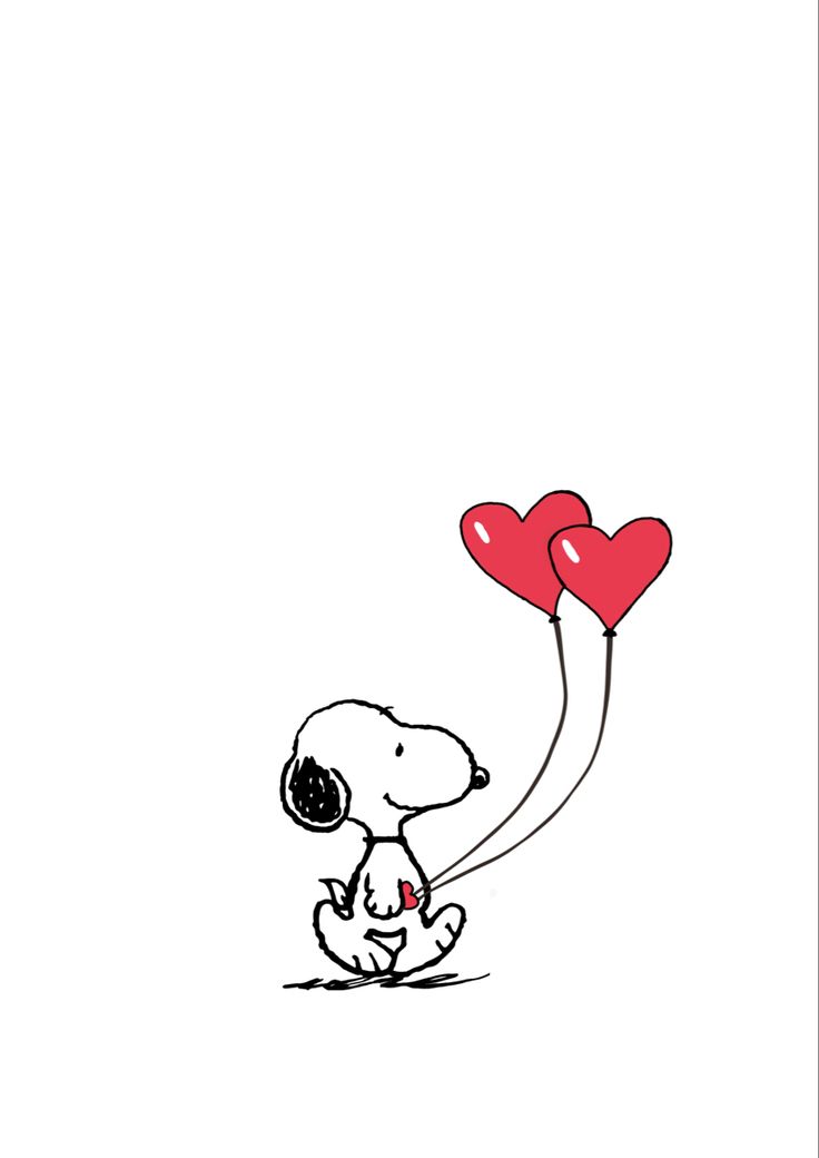 a drawing of a dog holding two red balloons in the shape of heart shaped hearts