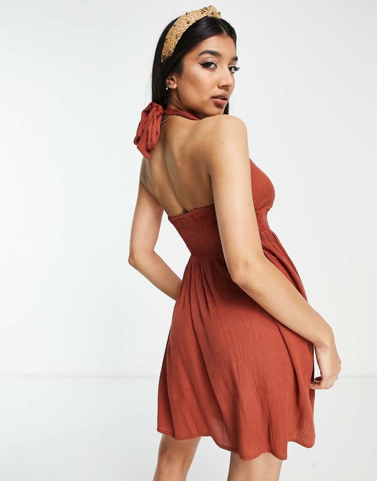 Dress by Influence Dreaming of the beach Halterneck style Shirred, stretch bodice Tie-back fastening Regular fit Brown Fashion, Beach Dress, Tie Backs, Halter Neck, Influencer, Bodice, The Beach, Topshop, Latest Trends