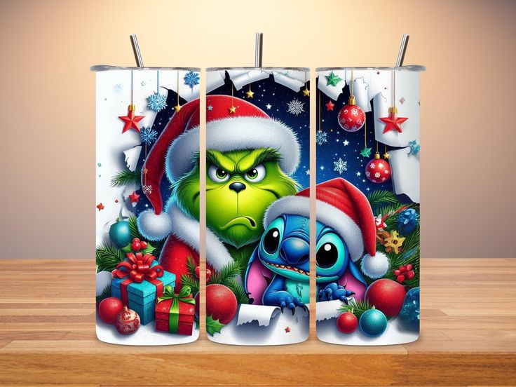 the grin and stitch christmas scene printed on three piece canvas wall art set with wooden flooring