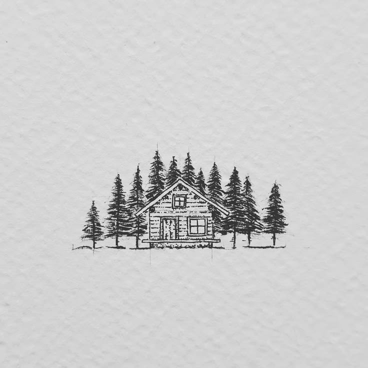 a drawing of a cabin in the middle of some pine trees on a snowy day