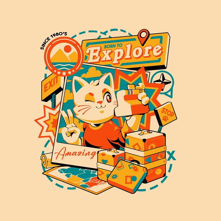 an orange and white cat is surrounded by colorful boxes with the words explore on them