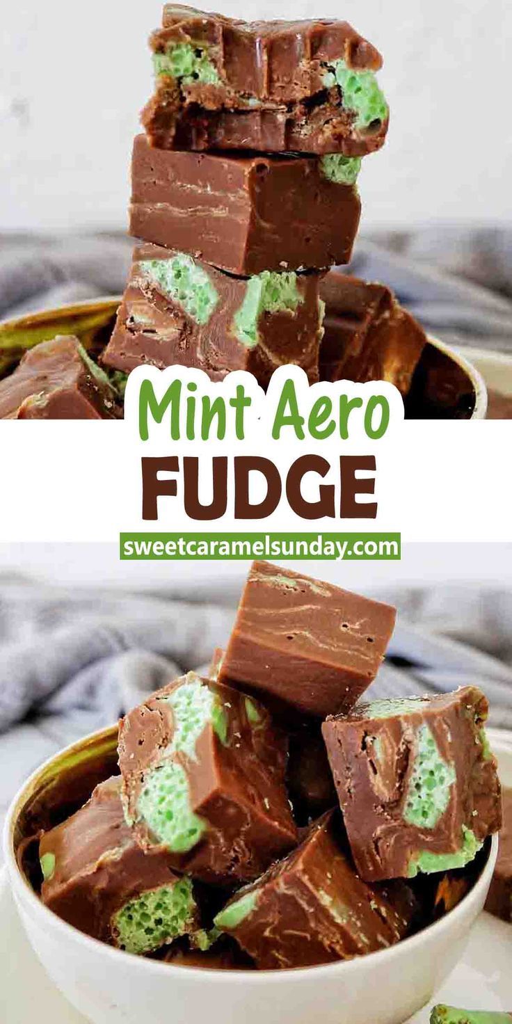 chocolate fudge with mint on top in a white bowl and the title overlay reads, mint aero fudge