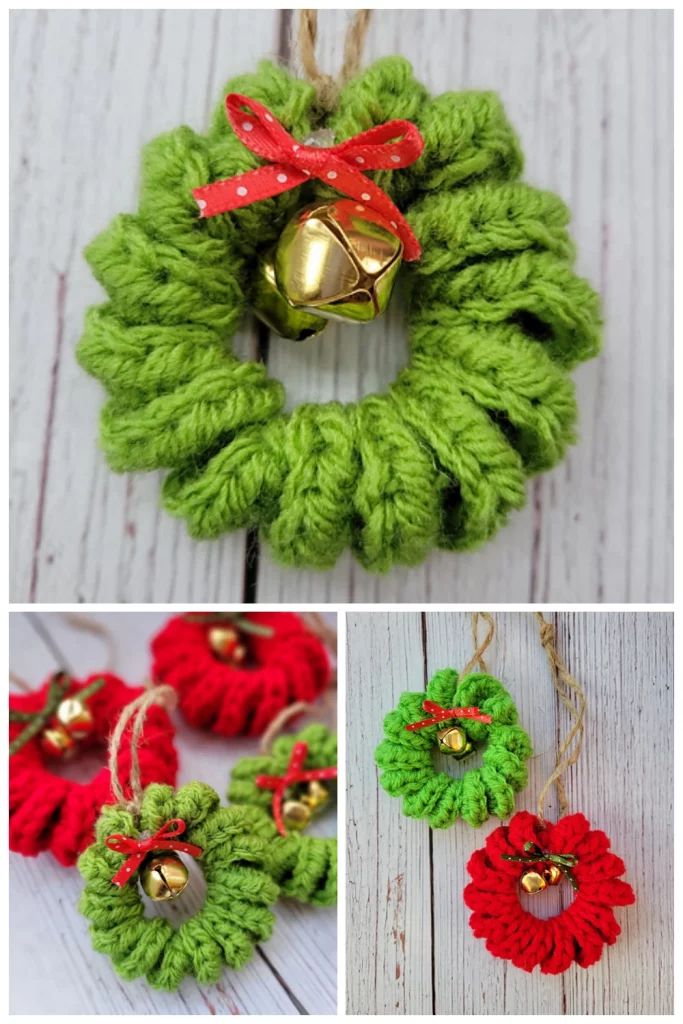 crochet christmas wreath ornament with bells and bells on the front, two pictures