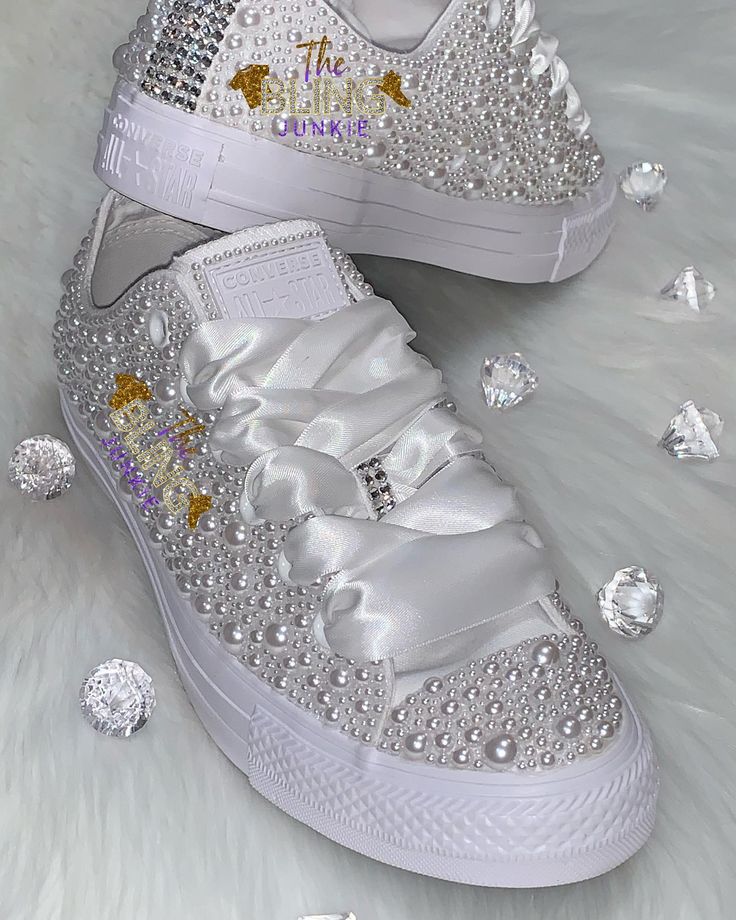 Chucks with all white pearls and a touch of bling. Perfect for proms, weddings, anniversary or birthday, Bling Converse, Converse Chucks, Sorority Events, Wedding Converse, Bridesmaids Gifts, Chucks Converse, Sorority, Chuck Taylors, Wedding Sneaker