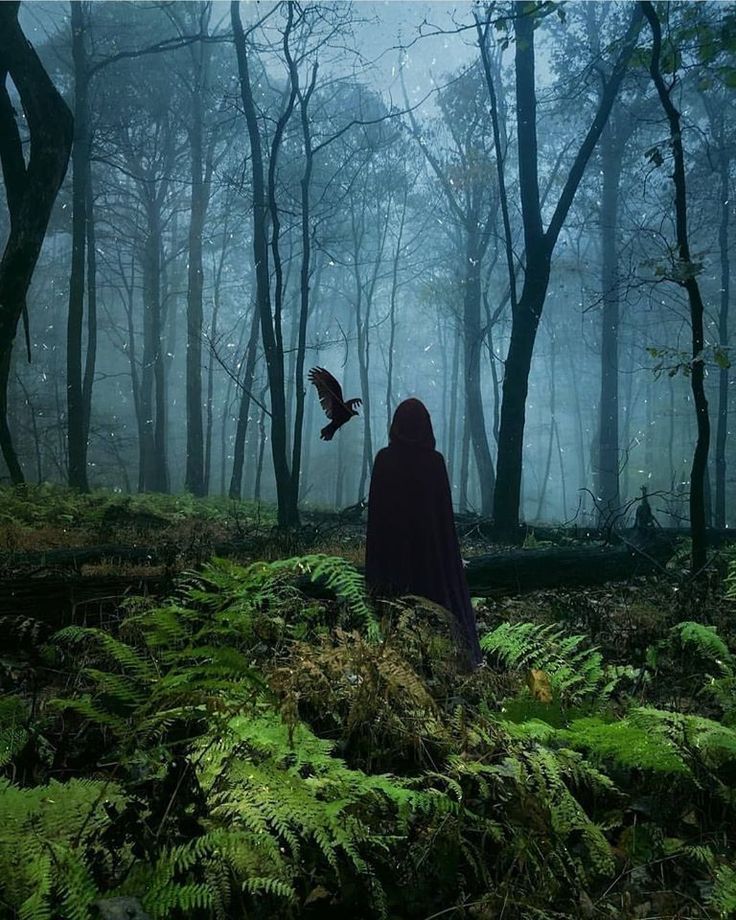 a person standing in the middle of a forest with a bird flying over her head