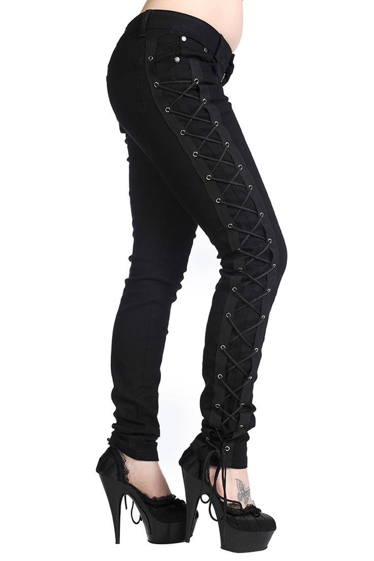 Banned Gothic Rockabilly Steampunk Cyber Black Side Corset Skinny Jeans Pants Styl Goth, Gothic Trousers, Corset And Jeans, Zz Top, Casual Cosplay, Black Corset, Black Side, Gothic Outfits, Corset Style