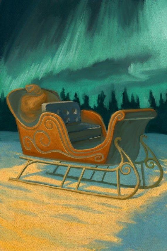 a painting of a sleigh in the snow with an aurora bore behind it