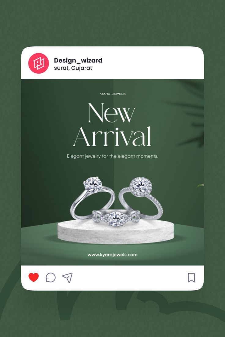 the new arrival brochure features two wedding rings on display, with green background