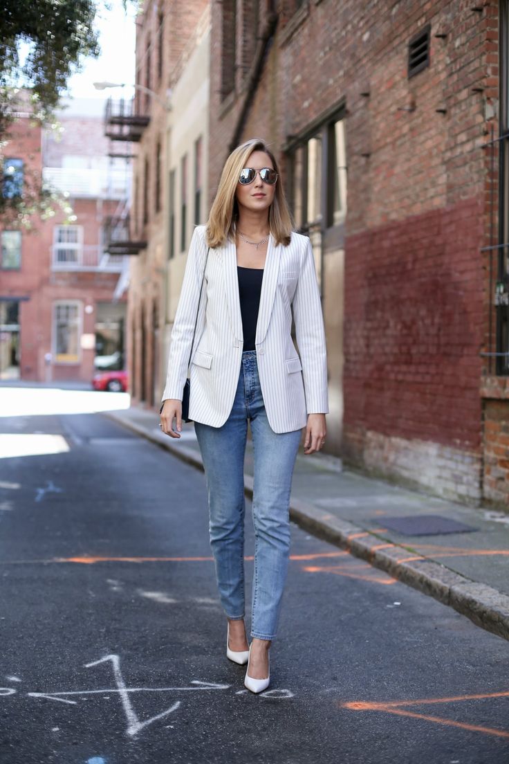 Pinstripe Blazer, Mom Jeans and White Pumps | MEMORANDUM | NYC Fashion & Lifestyle Blog for the Working Girl Classy Cubicle, Jeans Pumps, Pinstripe Blazer, Smart Casual Wear, Spring Work Outfits, Blazer Outfit, Photo Edited, White Pumps, Nyc Fashion