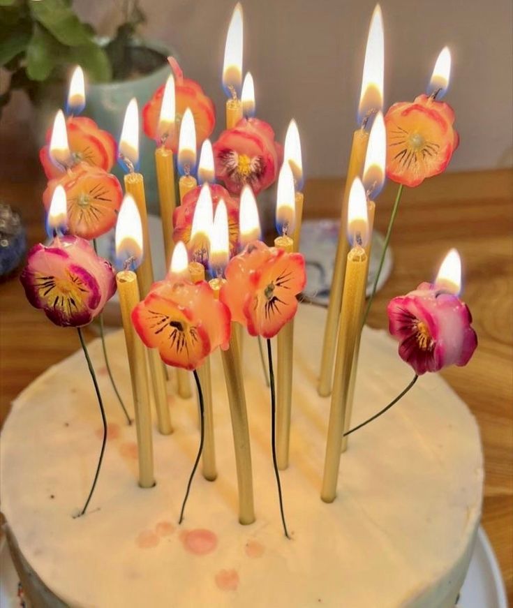 there is a cake with many candles on it and flowers sticking out of the top