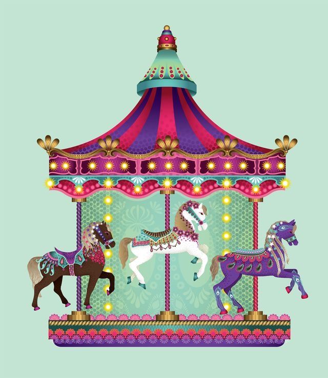 a merry go round with horses and lights on the top, in front of a blue background