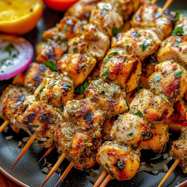 chicken skewers with various toppings on a plate