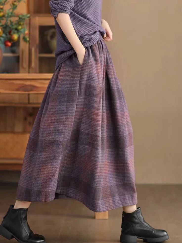 Lasaky - Winter Plaid A-Line Skirt with Color Weave, Warm and Elastic High Waist Long Skirt Postpartum Fashion, Harajuku Clothes, Modest Mouse, Plaid Wool Skirt, High Waist Long Skirt, Life Matters, Winter Plaid, Teacher Clothes, Plaid Outfits