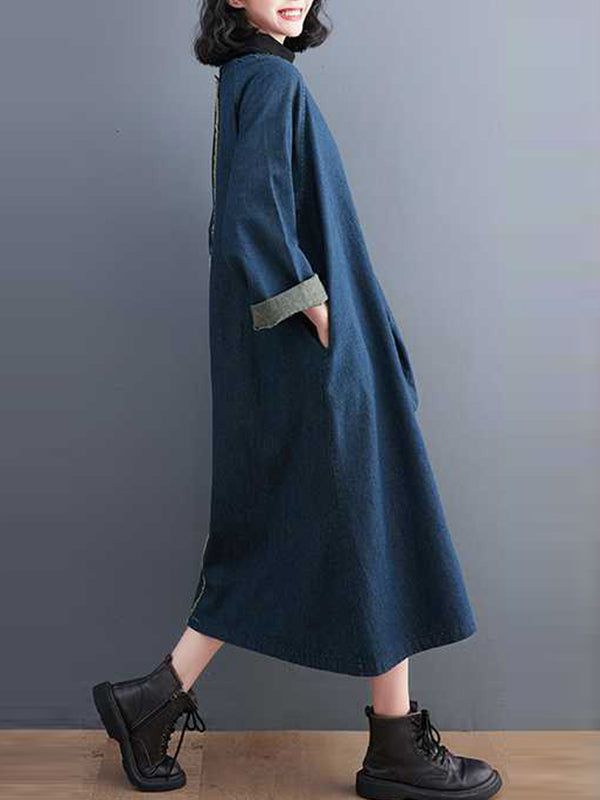 Sku CY-!125365 Material < 30% Polyester , Denim , >70%Cotton Style Loose , A-line , Long Sleeves Feature Pockets , Fringed , Split-joint Neckline Round-neck Occasion Vintage , Leisure Fashion Seasons Spring , Autumn Type Midi Dresses Color BLUE Size M,L,XL,2XL Please consult the size chart we provide for this item's measurements to help you decide which size to buy.Please note: There may be 1-3cm differ due to manual measurement. CMINCH Bust Raglan Sleeve Length Sleeve Opening M 132 62 110 32 L Indigo Long Sleeve Denim Dress With Pockets, Blue Denim Winter Dress, Non-stretch Blue Denim Dress For Fall, Blue Denim Dress For Winter, Winter Blue Cotton Denim Dress, Long Sleeve Blue Denim Dress For Fall, Blue Relaxed Fit Denim Dress For Fall, Casual Winter Dresses With Stand Collar, Winter Long Sleeve Cotton Denim Dress