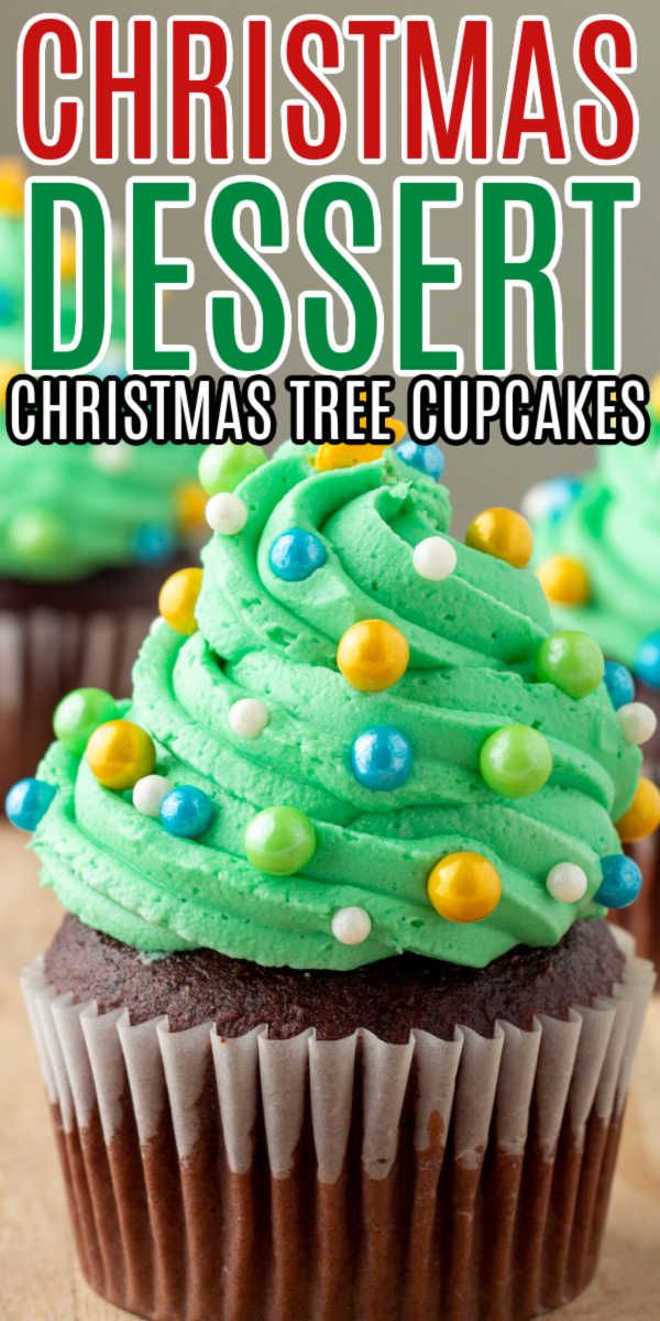 christmas dessert cupcakes with green frosting and sprinkles on top