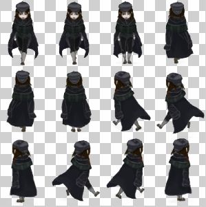 an animation character with many different poses and hair styles, including the hoods on their head