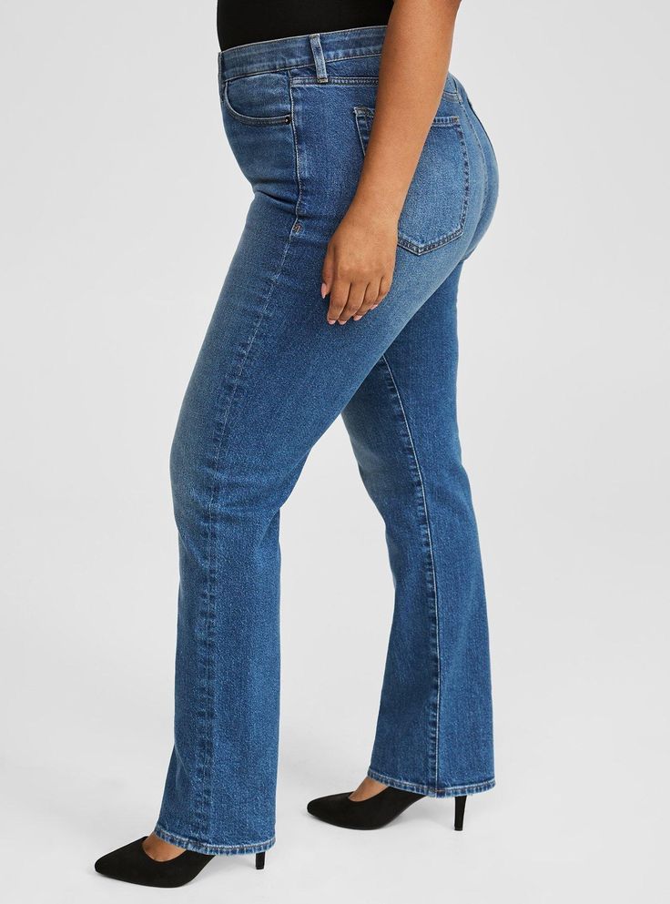 FIT High rise. . Elastic waistband for all-day comfort and no gap. True straight fit from thigh to ankle. Inseams: Short: 28”, Reg: 30”, Tall: 32”. MATERIALS + CARE Classic Denim: An old-school rigid feel with a hint of stretch. Stretch level: Low. 99% Cotton 1% Spandex. Machine wash cold, inside out. Tumble dry low. Imported. DETAILS 5-pocket design. . WHY WE LOVE IT This is the real-deal, straight-leg jeans of your dreams truly designed to fit curves. The best plus size women's short, petite h Medium Wash Straight Fit Rigid Denim Bottoms, Blue Straight Rigid Denim Bottoms, Non-stretch Straight Leg Jeans With Button Closure, Pre-washed Rigid Denim Straight Leg Jeans, Straight Fit Full-length Rigid Denim Jeans, Mid Rise Jeans, Sky High, High Rise Jeans, Curves Workout