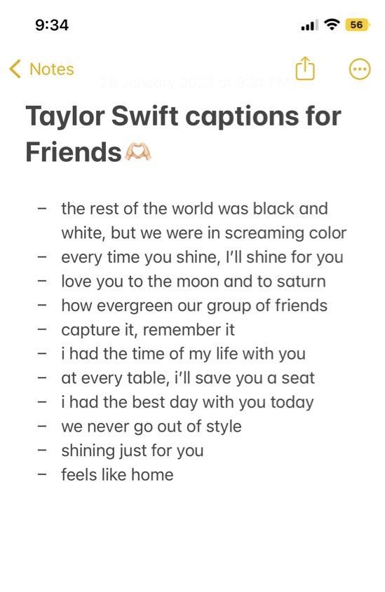 the text on this page reads taylor swift captions for friends