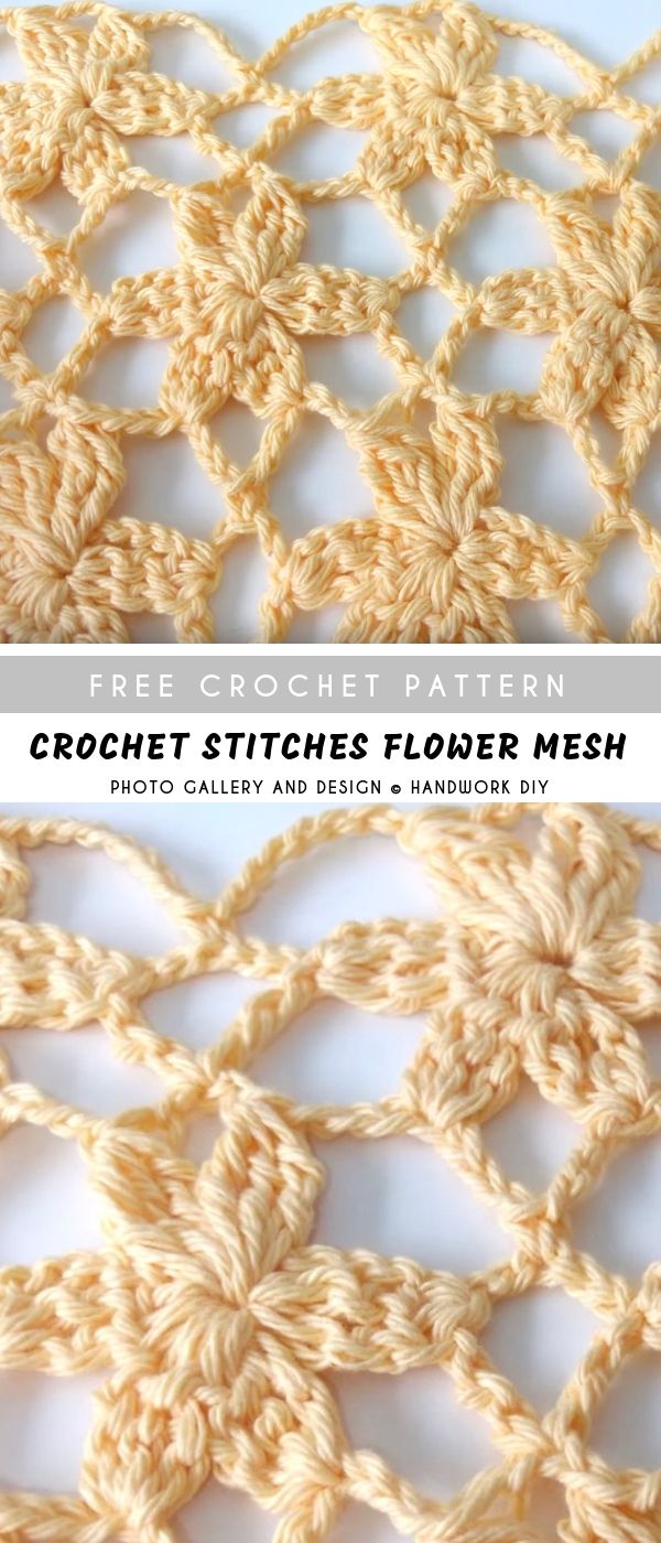 the crochet stitches flower mesh pattern is shown in two different sizes and colors