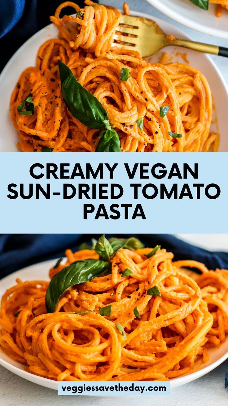 two plates filled with spaghetti and basil on top of each other, next to the words vegan sun dried tomato pasta