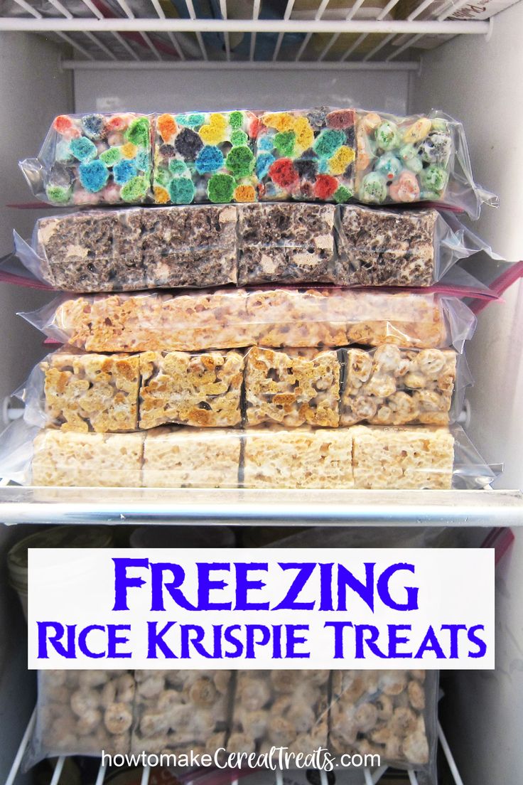 A variety of Rice Krispie Treats and cereal treats packed in Ziploc bags in the freezer. Wedding Rice Krispie Treats, Freeze Rice, Cereal Treat Recipes, Rice Crispies Recipe, Homemade Rice Krispies, Rice Krispies Recipe, Rice Krispie Bars, Homemade Rice Krispies Treats, Best Treats